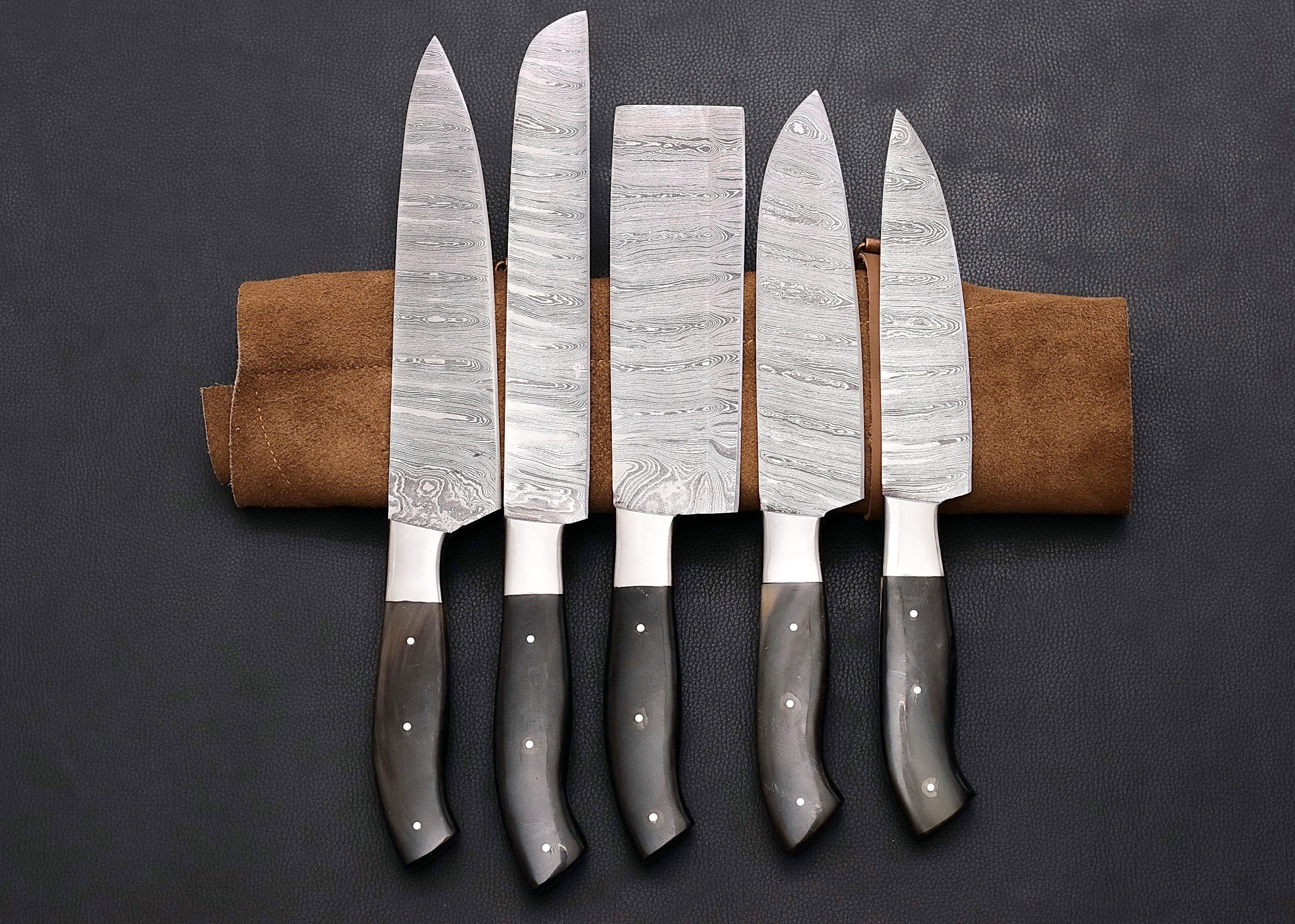 Hand-forged Damascus chef knife set with buffalo horn handles
