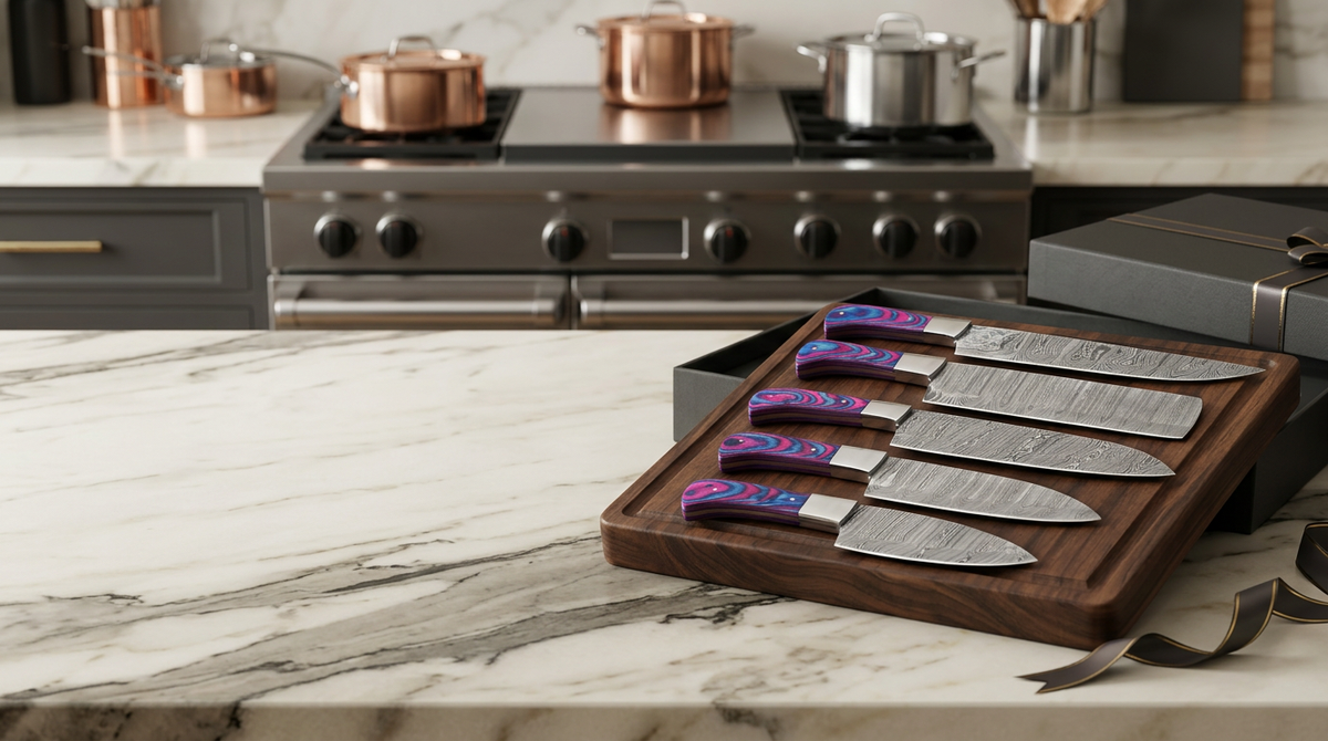 Damascus chef knife set partially unwrapped as a gift with kraft paper and twine on dark wooden surface