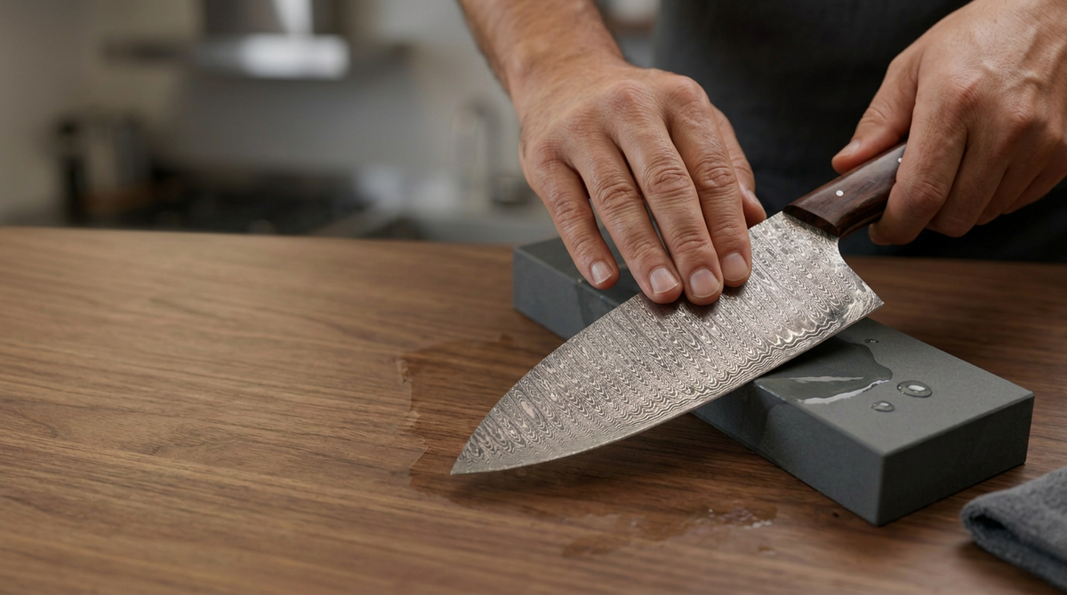 Damascus steel knife blade being sharpened on a wet whetstone with water droplets on dark background