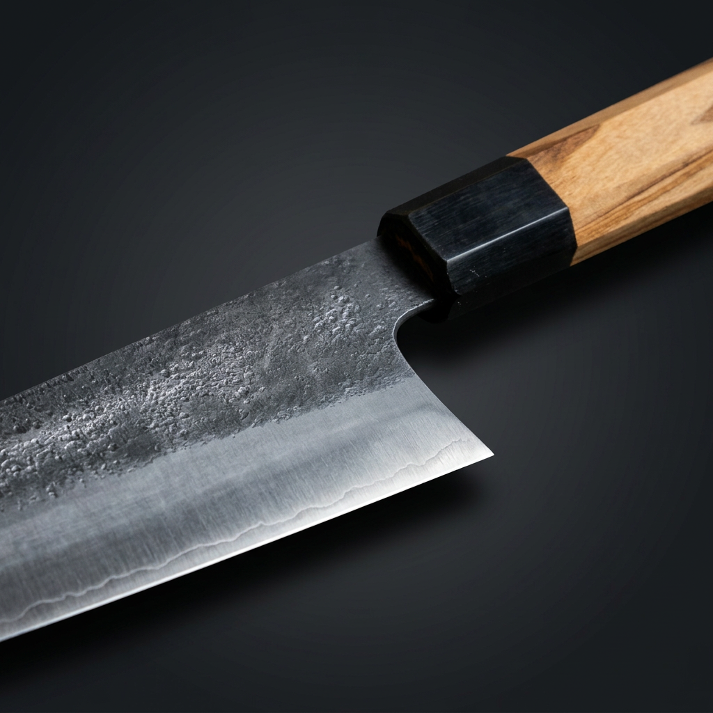 Hand-forged Bunka knife, olive wood and horn handle, view 2