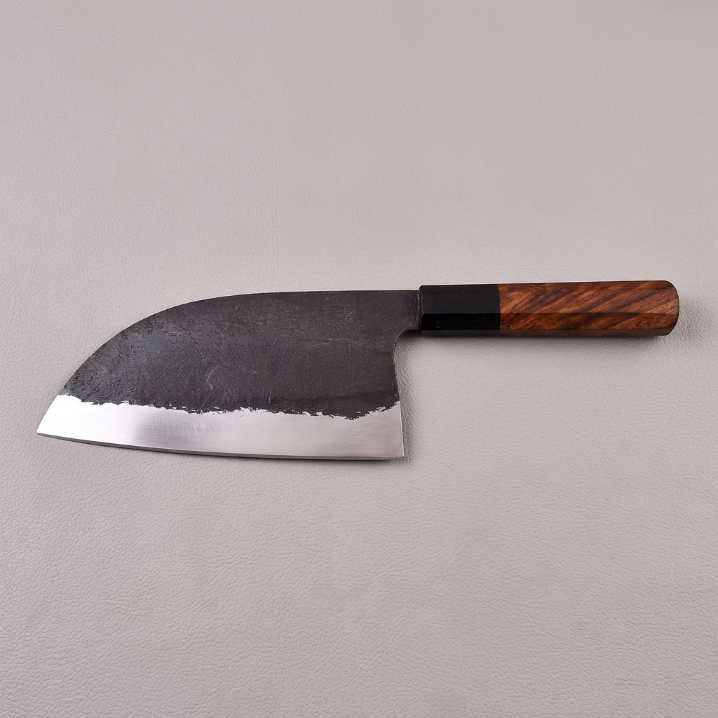 Serbian forge kitchen cleaver with horn and rosewood handle