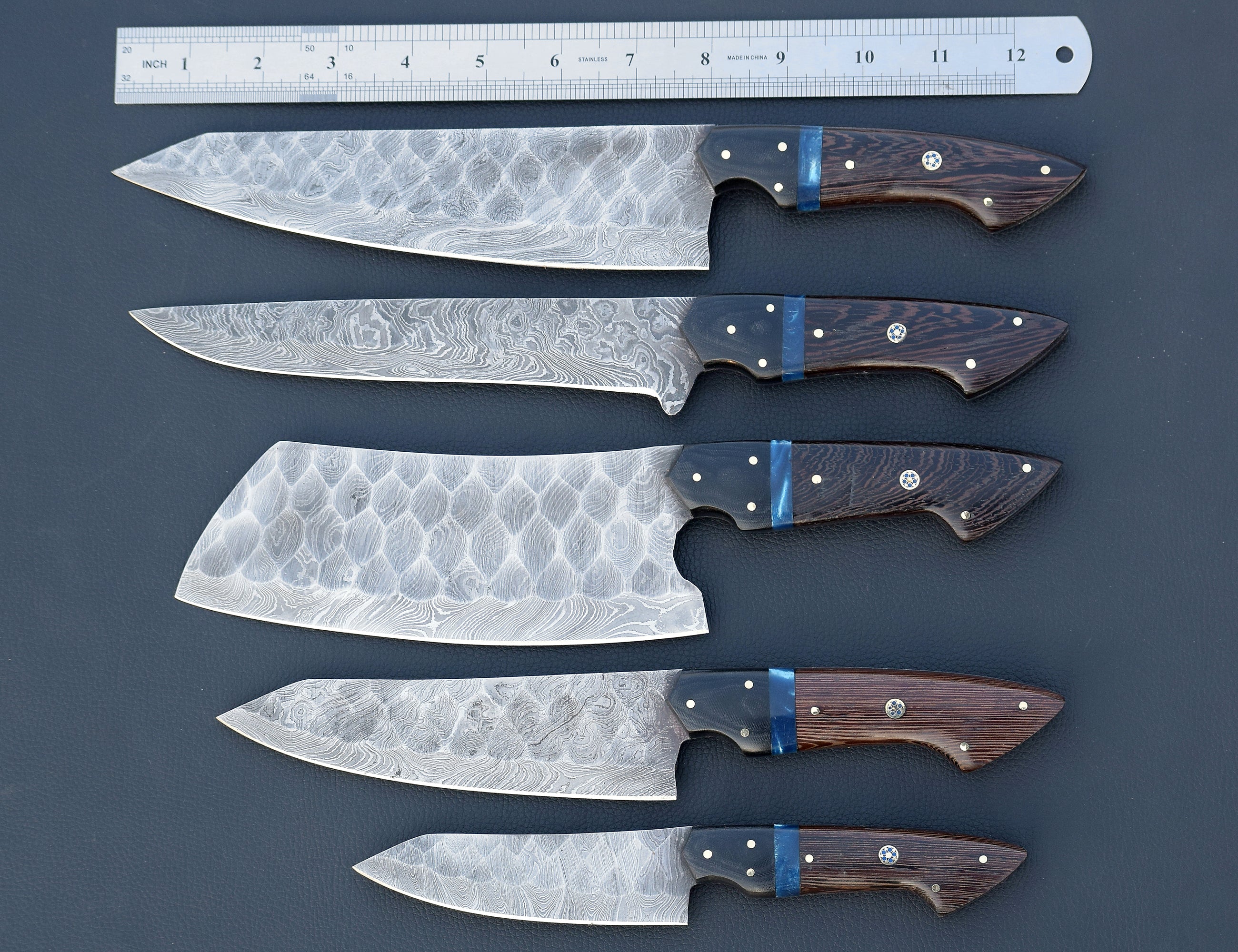 Wenge Tide Damascus chef knife set with blue resin inlay handles