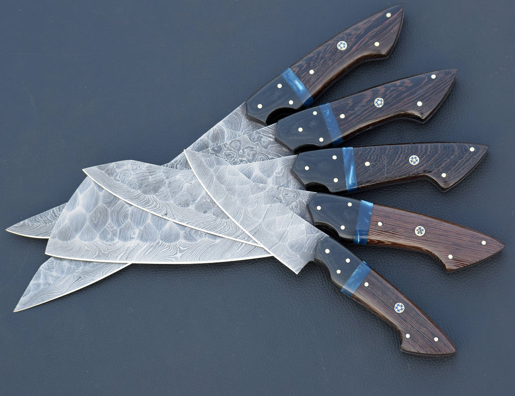 Wenge Tide Damascus chef knife set with blue resin inlay handles