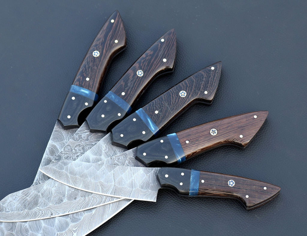 Wenge Tide Damascus chef knife set with blue resin inlay handles