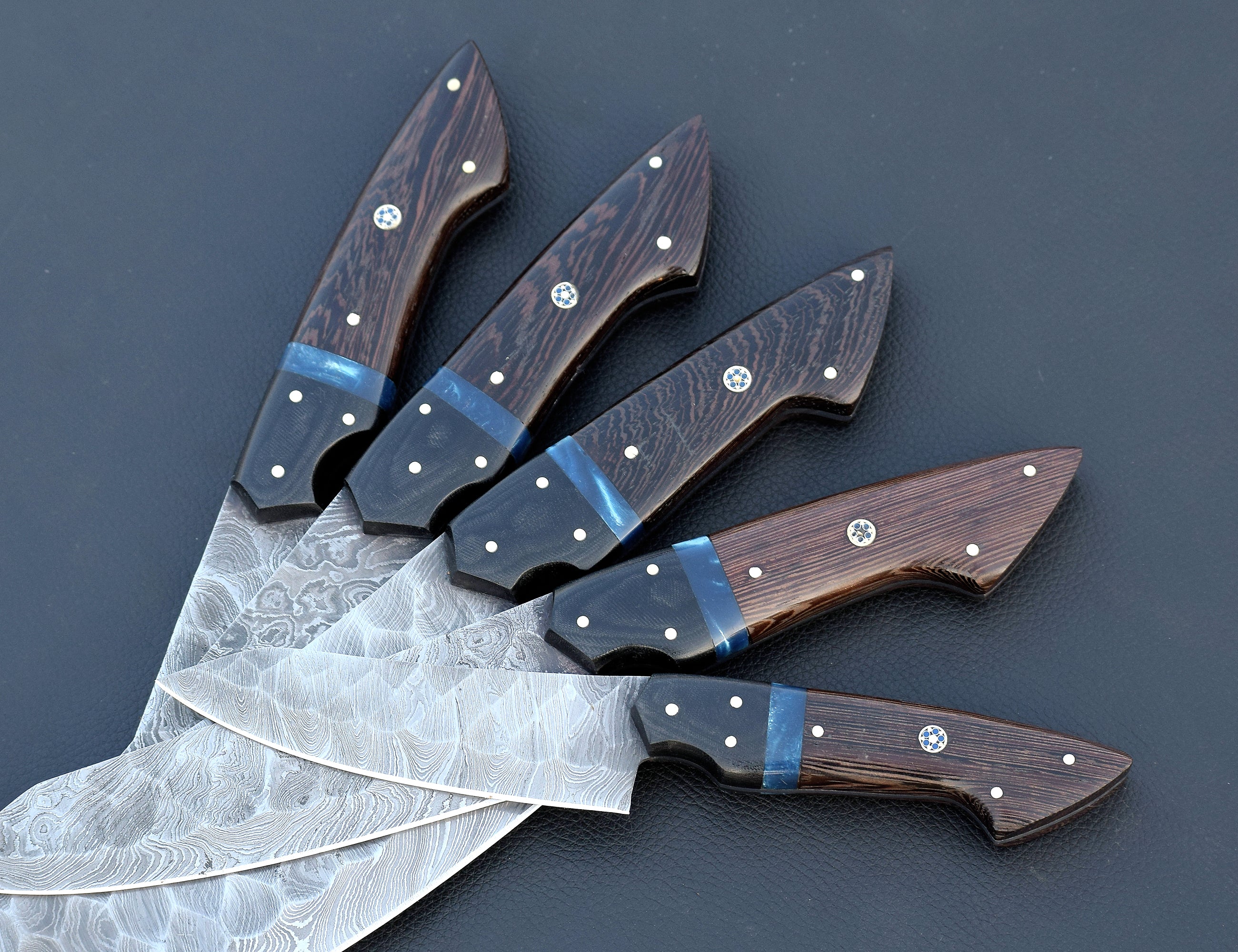 Wenge Tide Damascus chef knife set with blue resin inlay handles