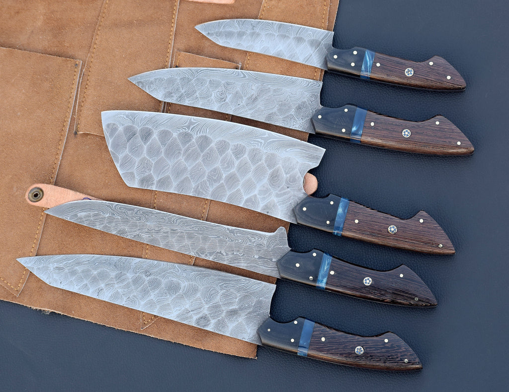 Wenge Tide Damascus chef knife set with blue resin inlay handles