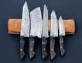 Wenge Tide Damascus chef knife set with blue resin inlay handles