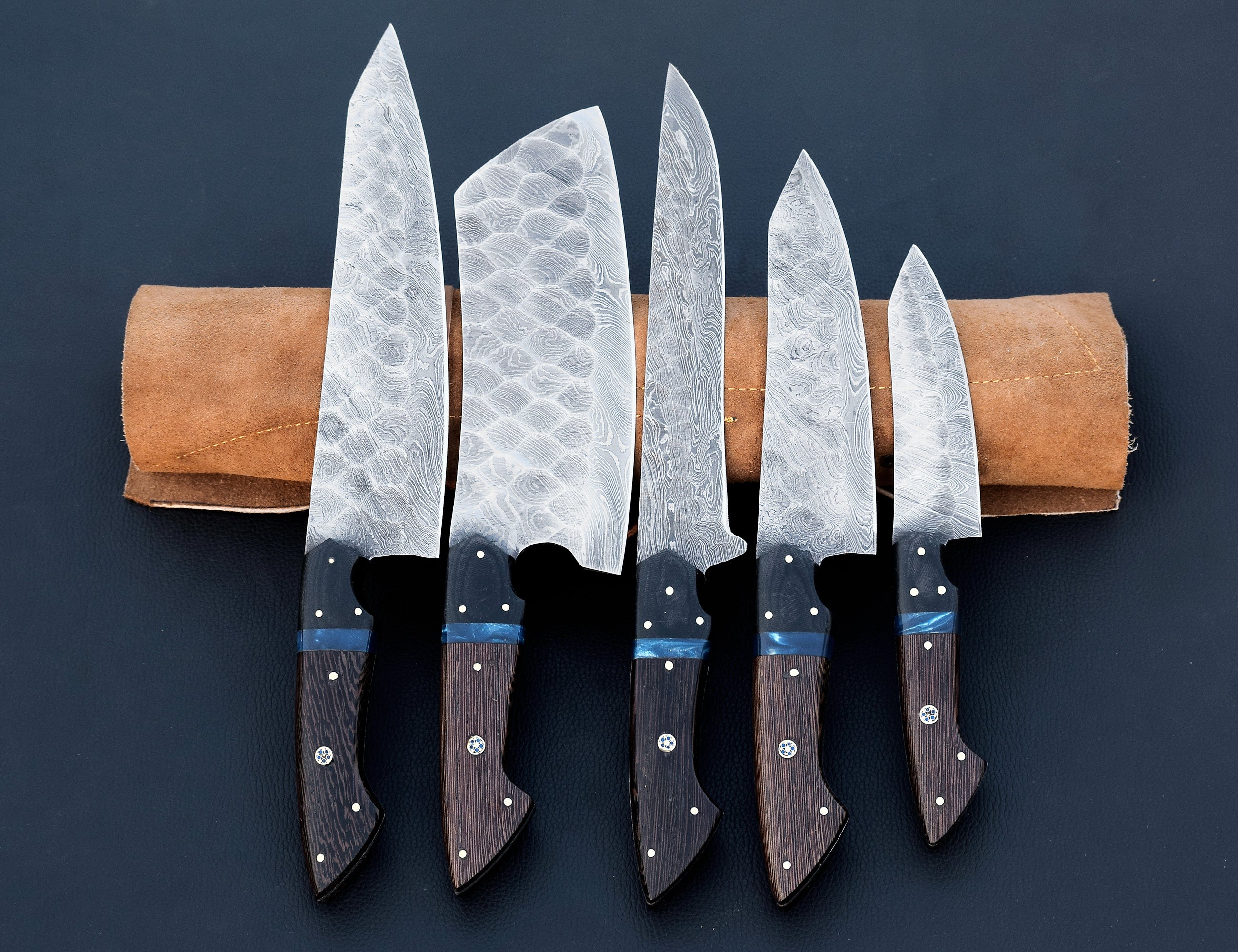 Wenge Tide Damascus chef knife set with blue resin inlay handles