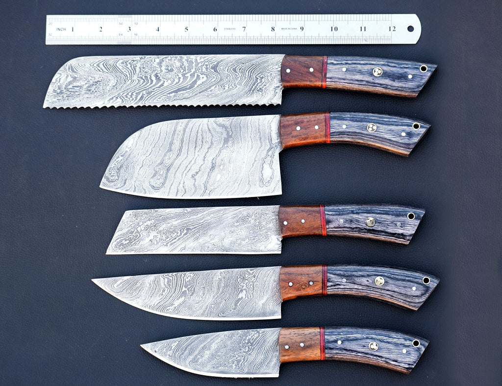 Ember Rivet Damascus chef knife set with brass tri-dot rivet handles