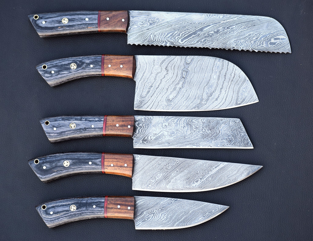 Ember Rivet Damascus chef knife set with brass tri-dot rivet handles
