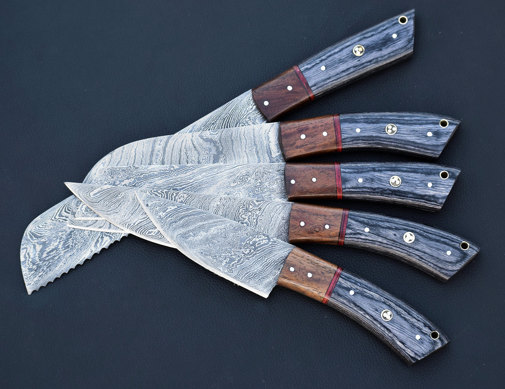 Ember Rivet Damascus chef knife set with brass tri-dot rivet handles