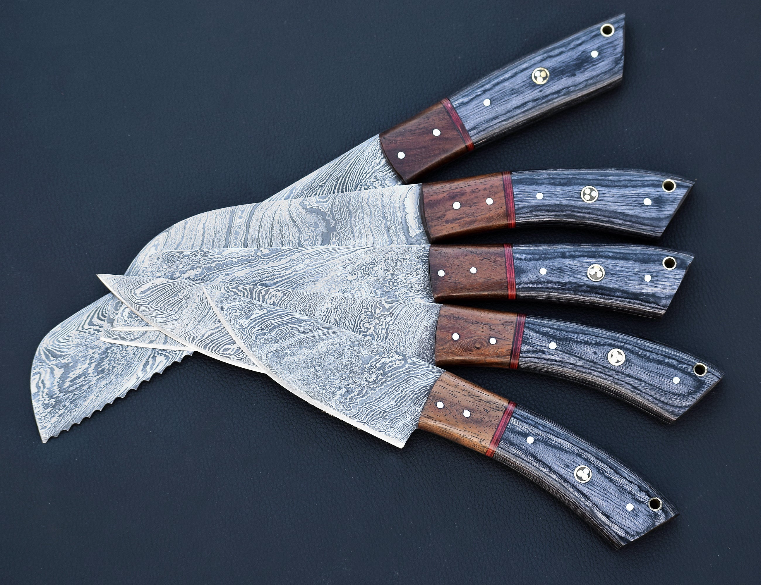 Ember Rivet Damascus chef knife set with brass tri-dot rivet handles