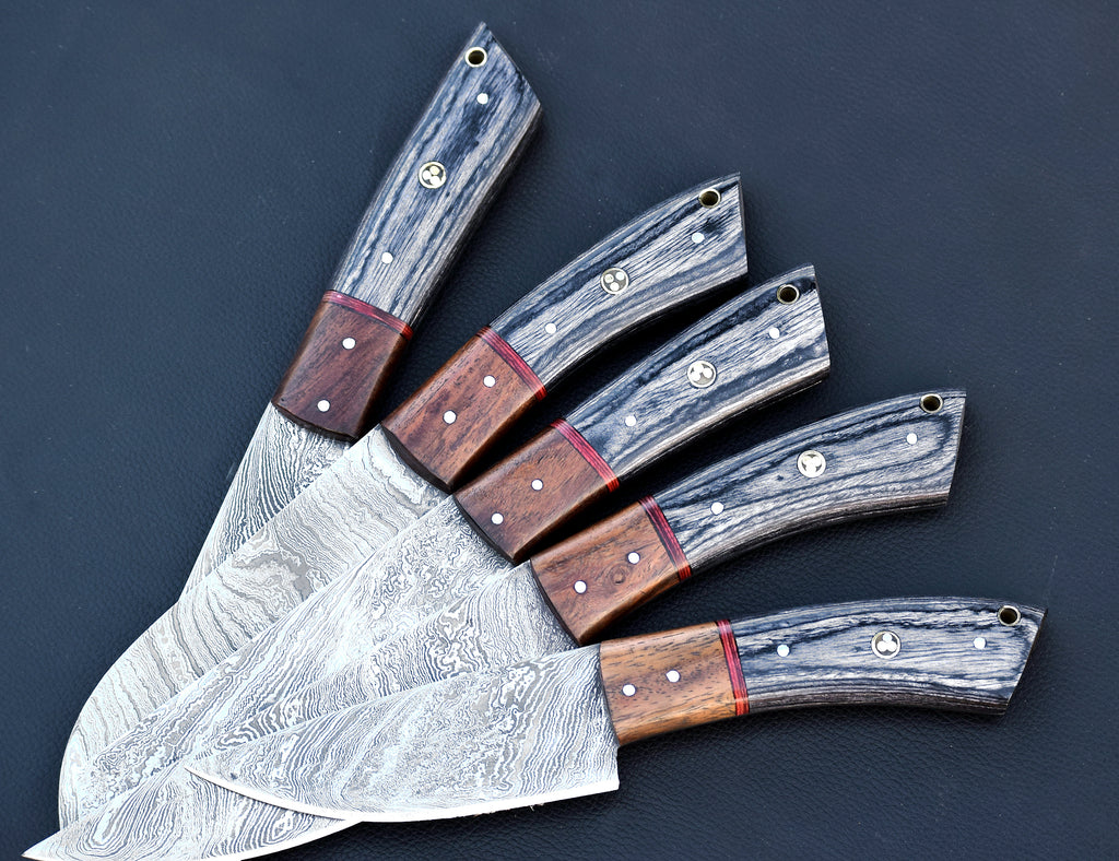 Ember Rivet Damascus chef knife set with brass tri-dot rivet handles