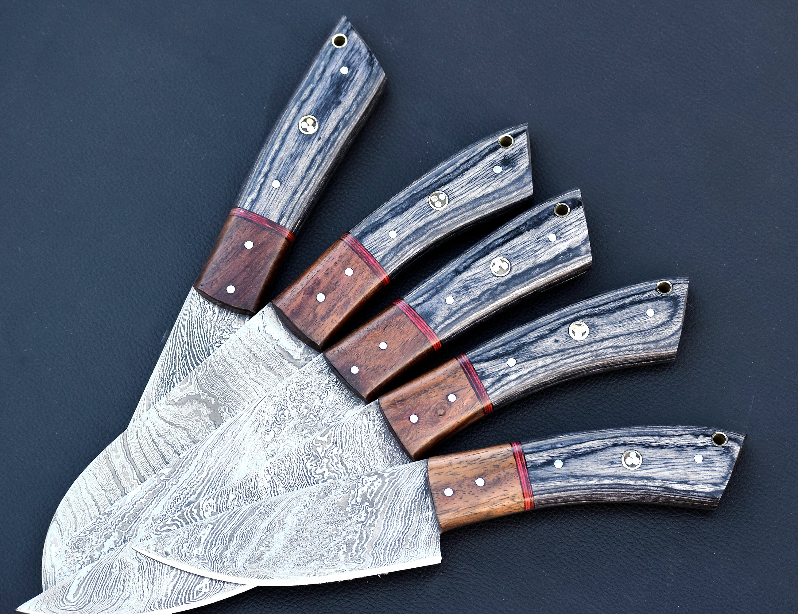 Ember Rivet Damascus chef knife set with brass tri-dot rivet handles