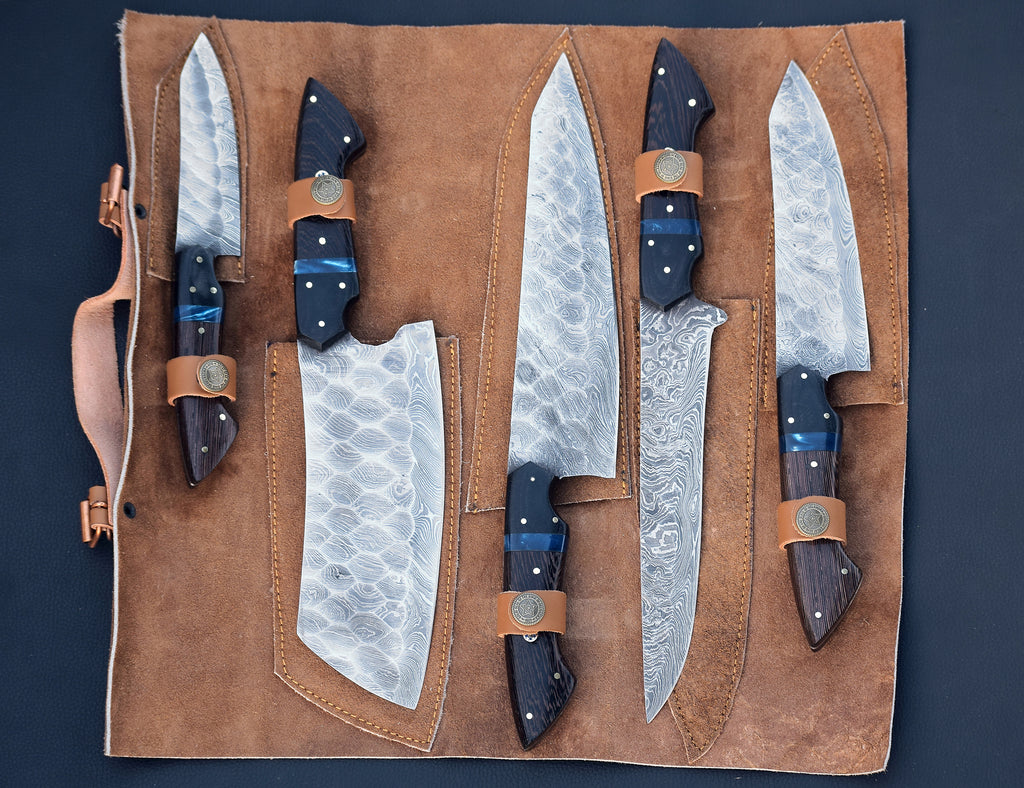 Wenge Tide Damascus chef knife set with blue resin inlay handles