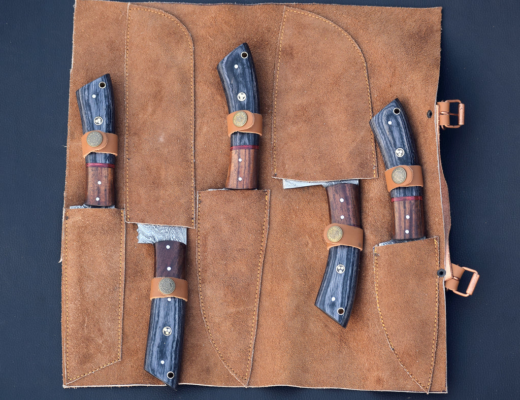 Ember Rivet Damascus chef knife set with brass tri-dot rivet handles