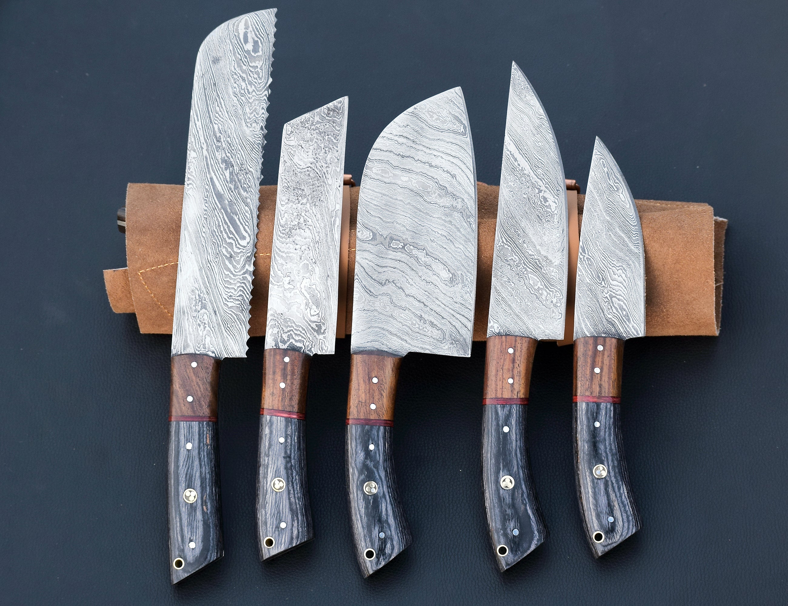 Ember Rivet Damascus chef knife set with brass tri-dot rivet handles