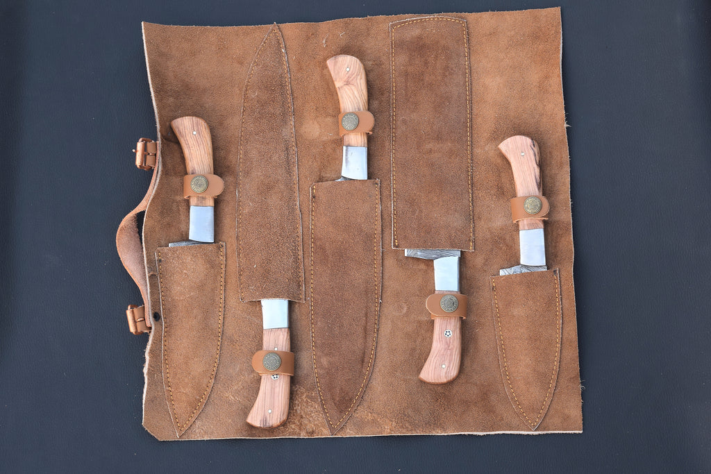 Sunwood Damascus chef knife set with light honey wood handles