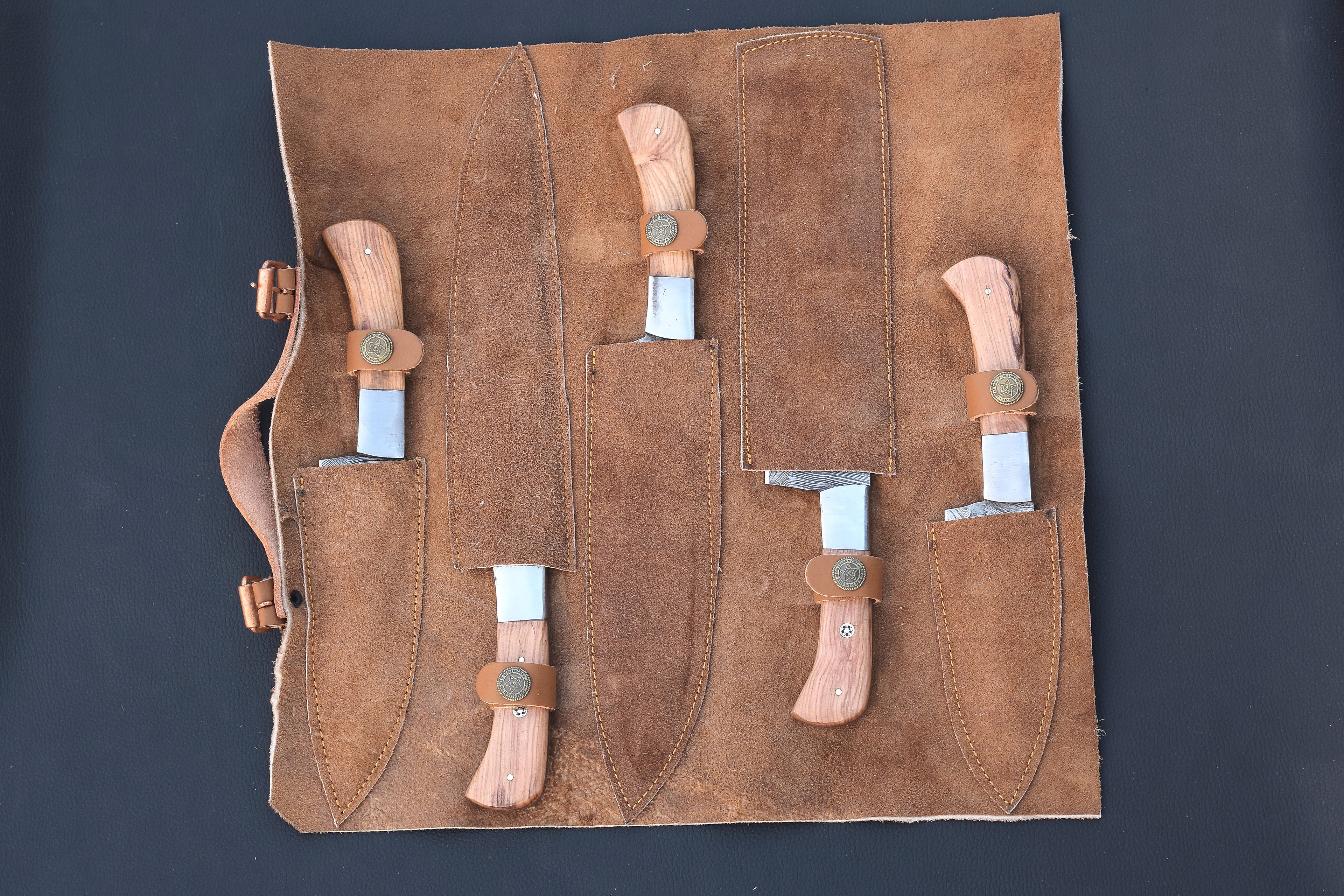 Sunwood Damascus chef knife set with light honey wood handles