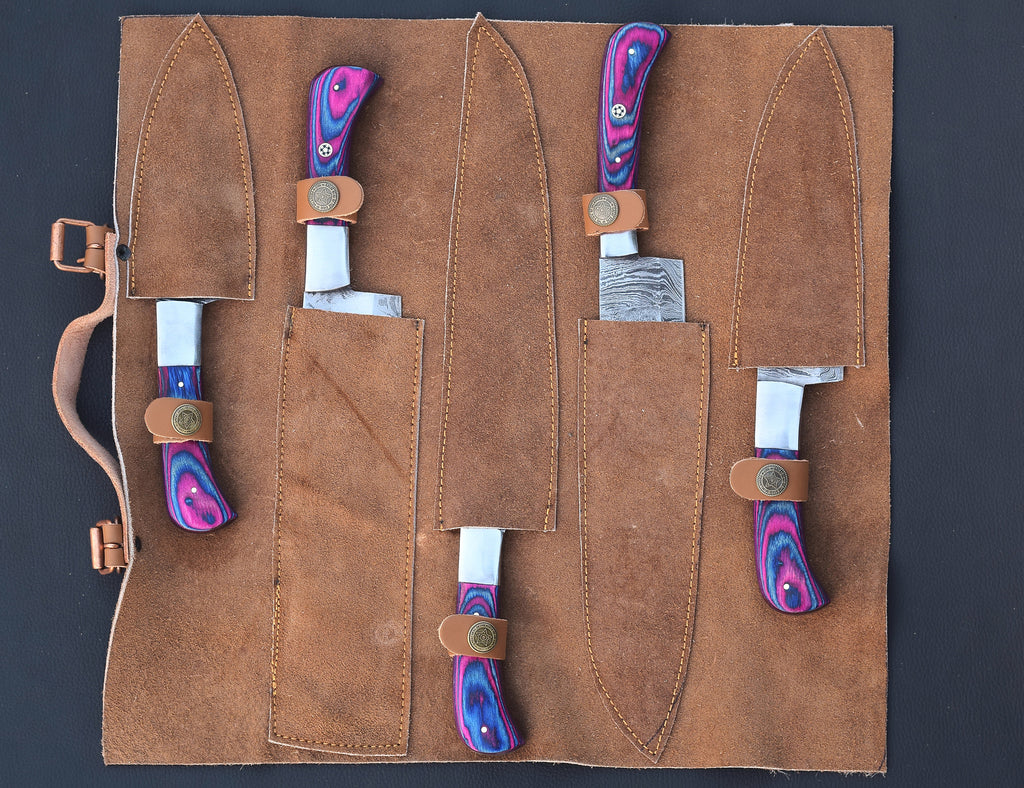 Twilight Damascus chef knife set with violet-blue pakkawood handles