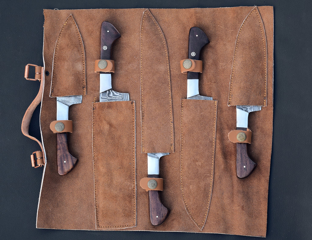 Mahogany Reserve 5-piece Damascus chef knife set with mahogany handles