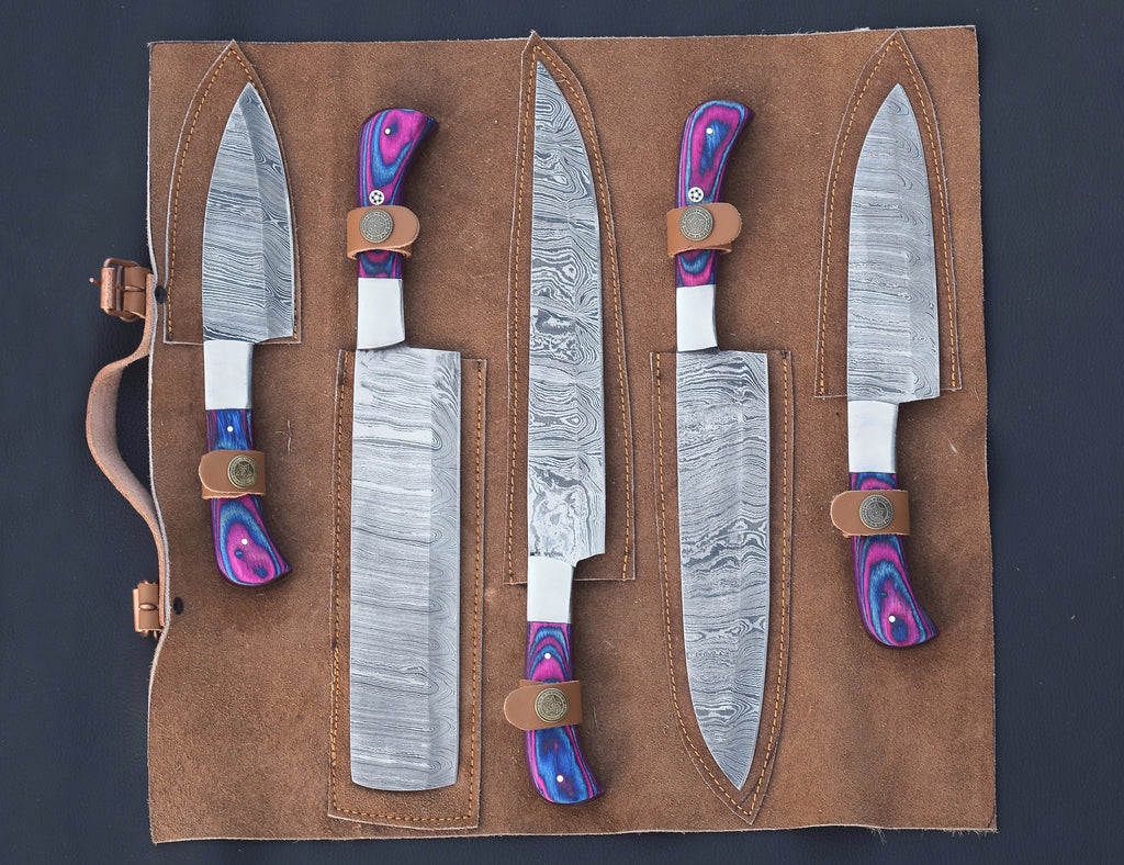 Twilight Damascus chef knife set with violet-blue pakkawood handles
