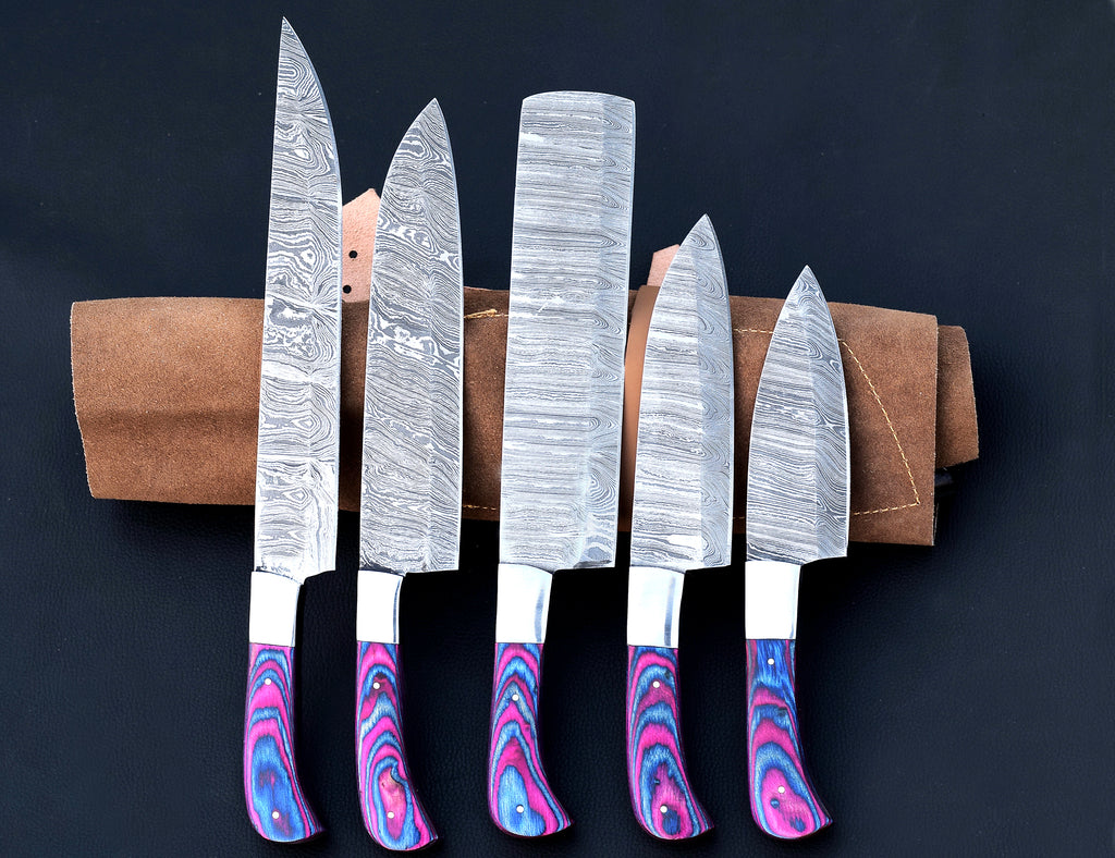 Twilight Damascus chef knife set with violet-blue pakkawood handles
