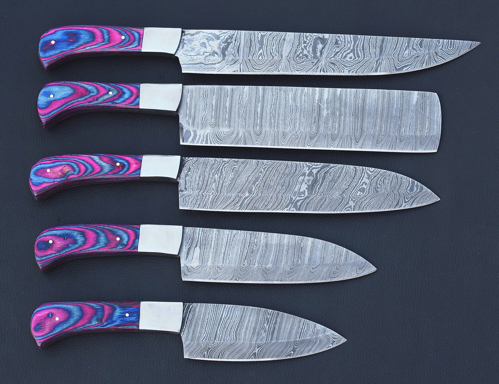 Twilight Damascus chef knife set with violet-blue pakkawood handles