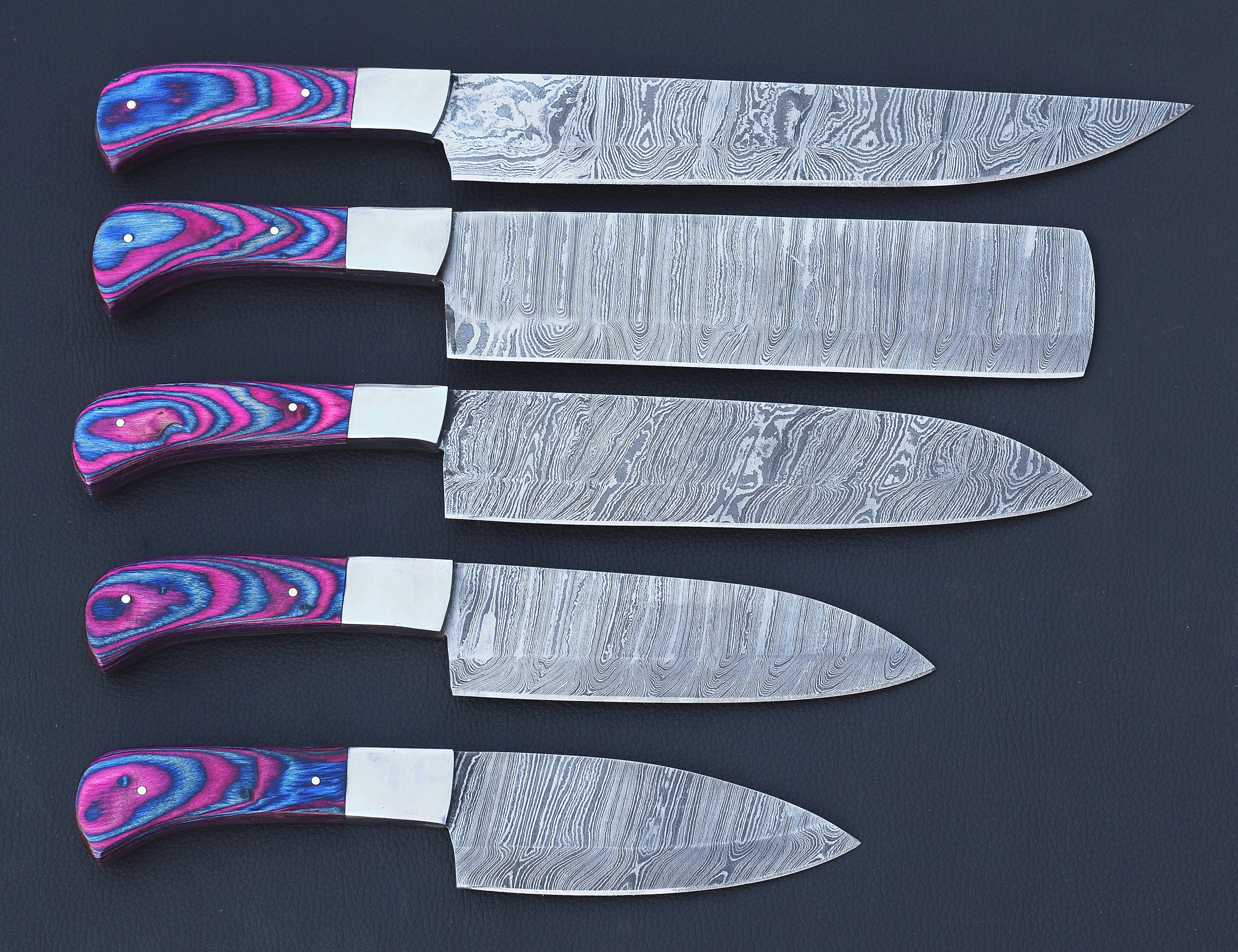 Twilight Damascus chef knife set with violet-blue pakkawood handles