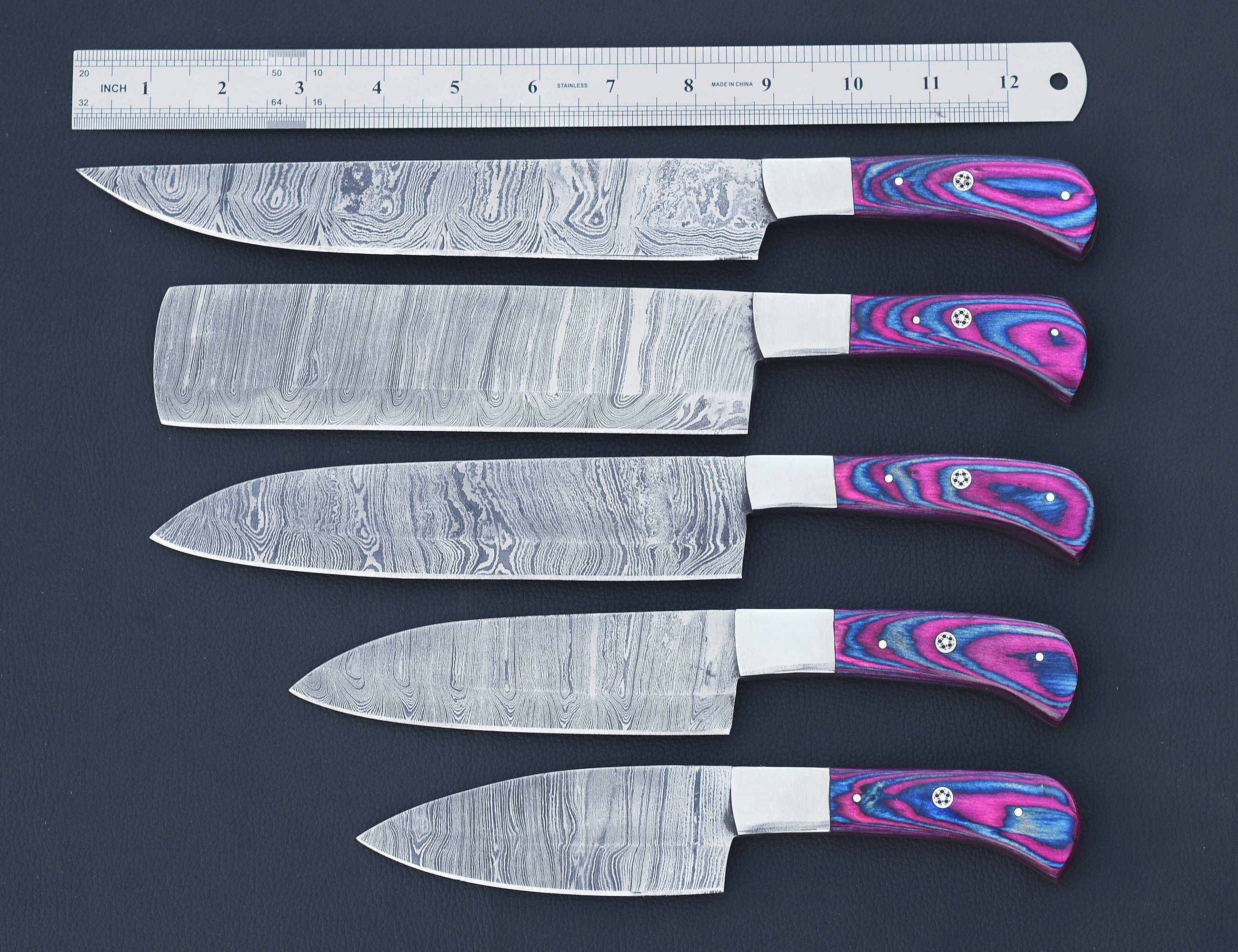 Twilight Damascus chef knife set with violet-blue pakkawood handles
