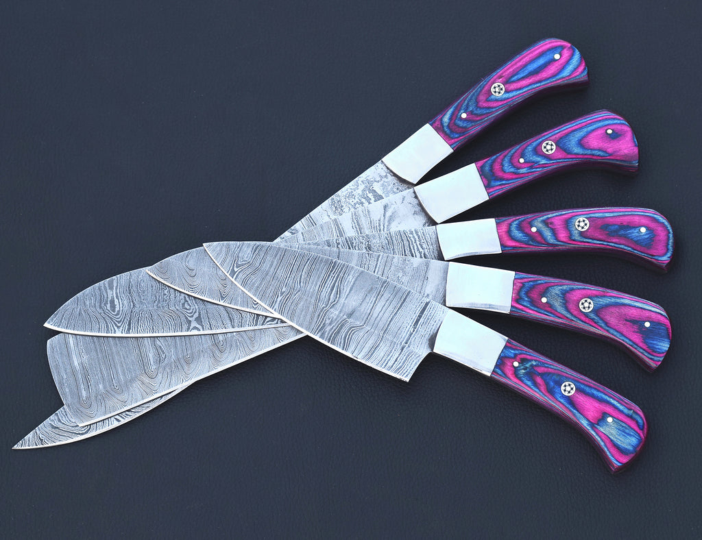 Twilight Damascus chef knife set with violet-blue pakkawood handles