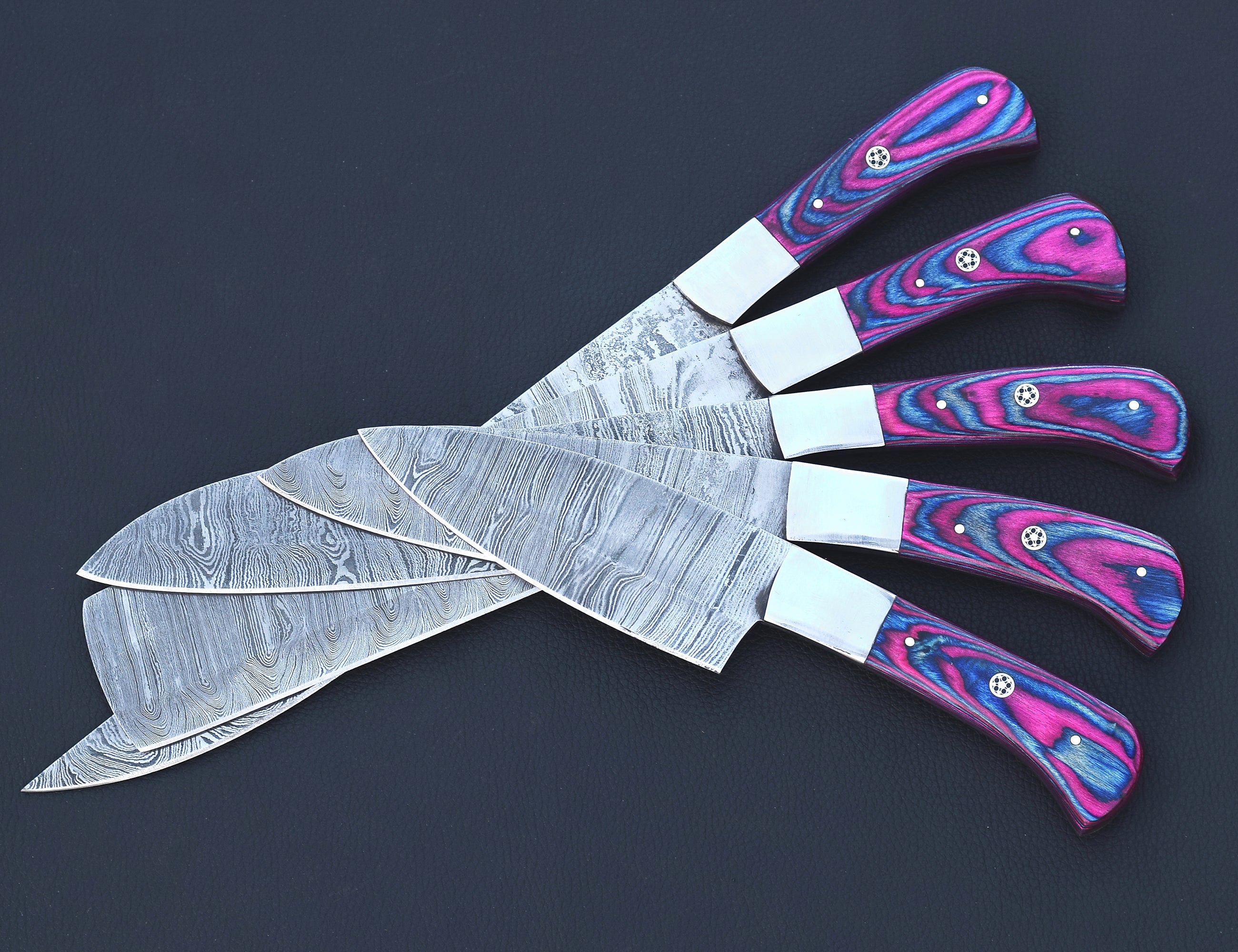Twilight Damascus chef knife set with violet-blue pakkawood handles