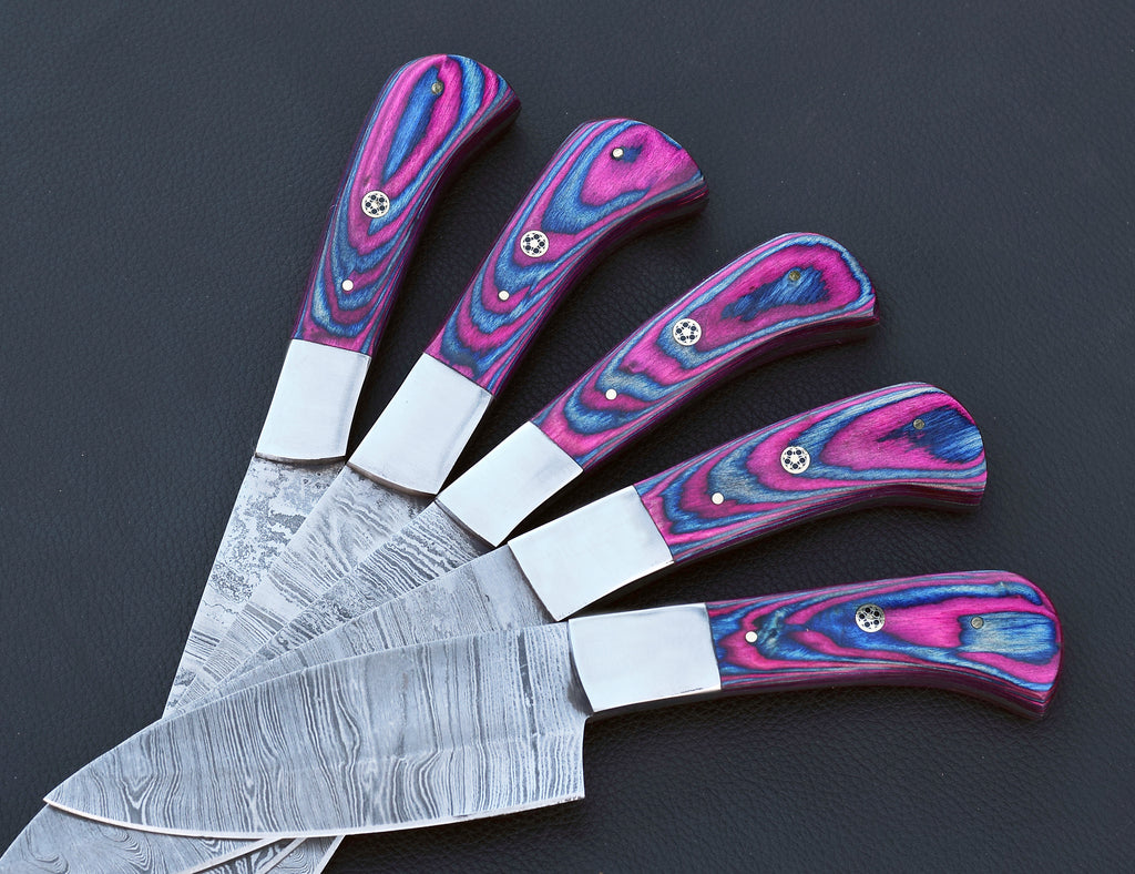 Twilight Damascus chef knife set with violet-blue pakkawood handles
