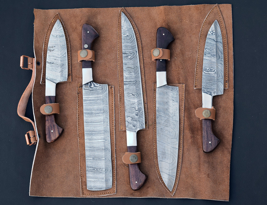Mahogany Reserve 5-piece Damascus chef knife set with mahogany handles