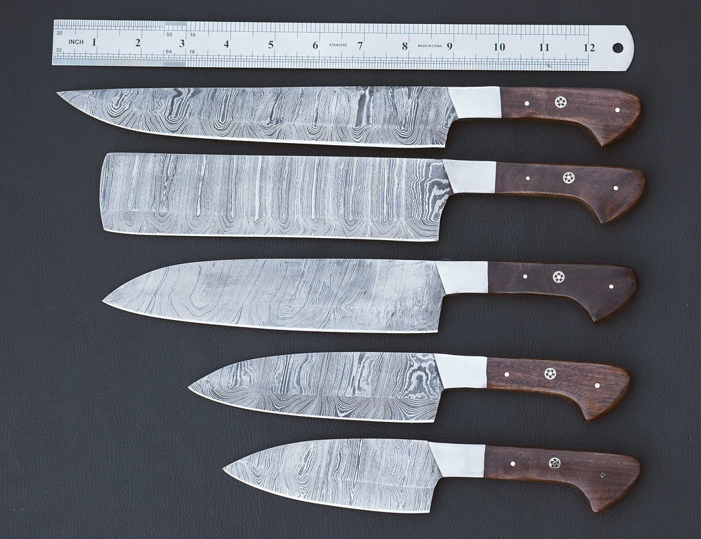 Mahogany Reserve 5-piece Damascus chef knife set with mahogany handles