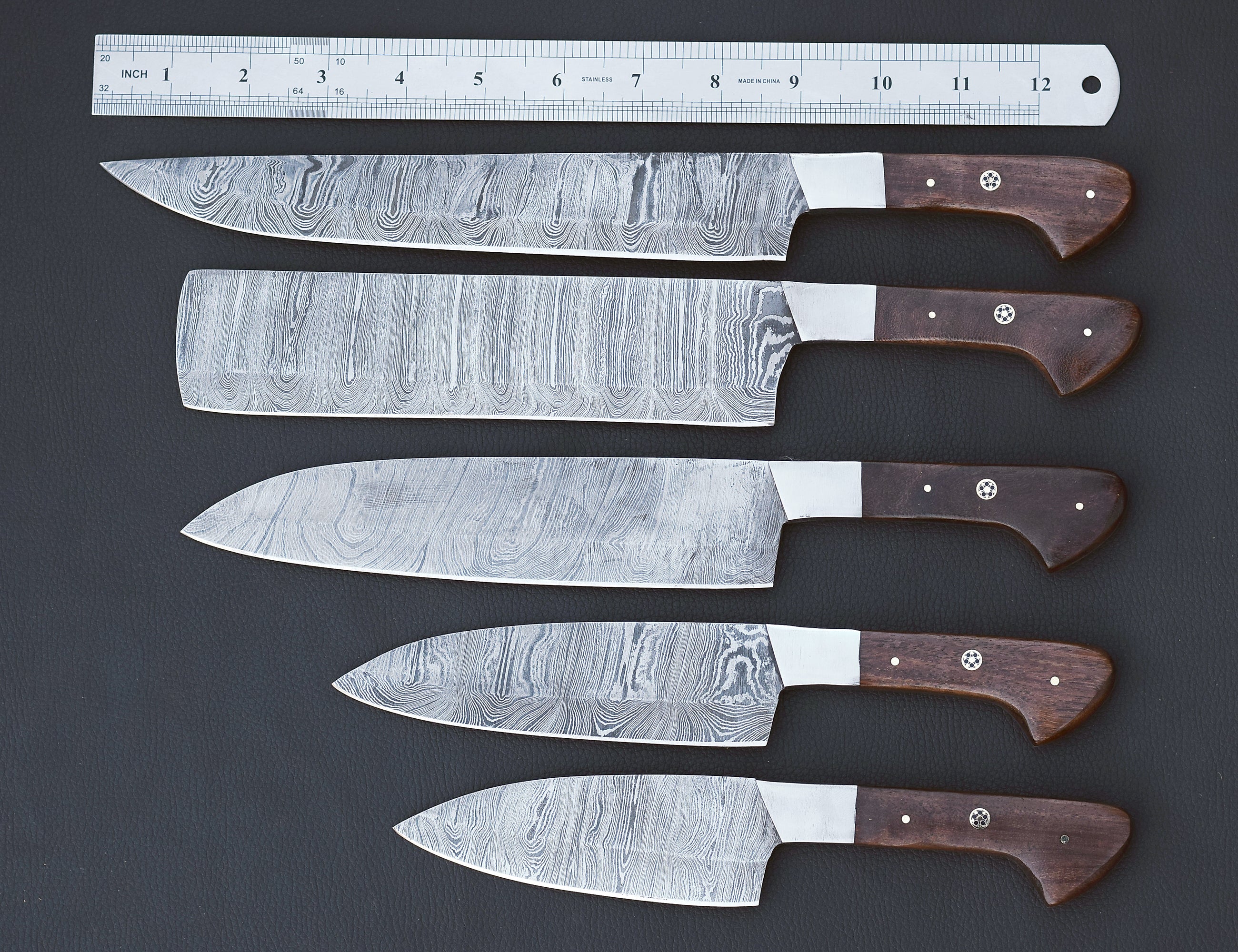Mahogany Reserve 5-piece Damascus chef knife set with mahogany handles