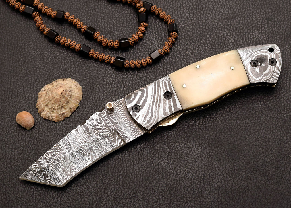 Driftbone Damascus folding EDC knife with cream bone handle