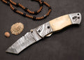 Driftbone Damascus folding EDC knife with cream bone handle