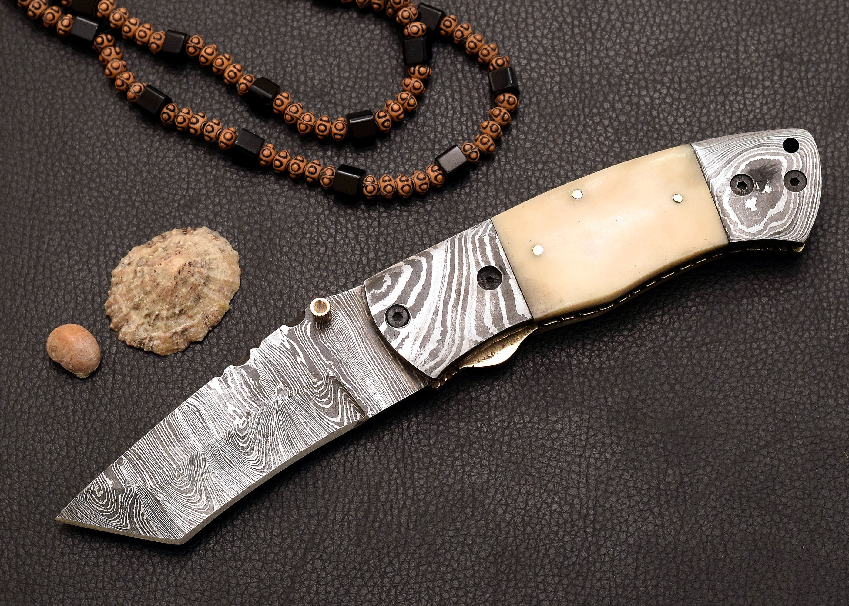 Driftbone Damascus folding EDC knife with cream bone handle