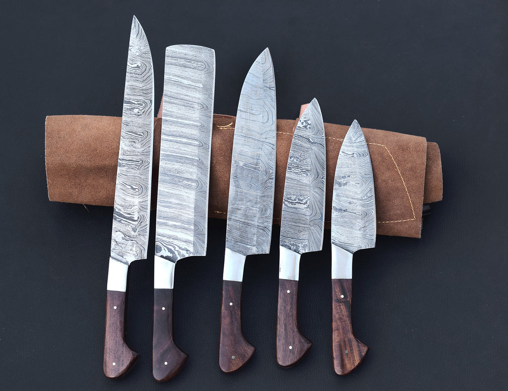 Mahogany Reserve 5-piece Damascus chef knife set with mahogany handles