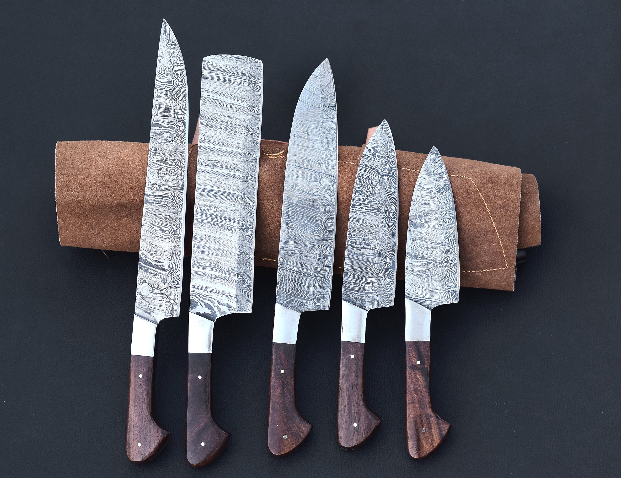 Mahogany Reserve 5-piece Damascus chef knife set with mahogany handles