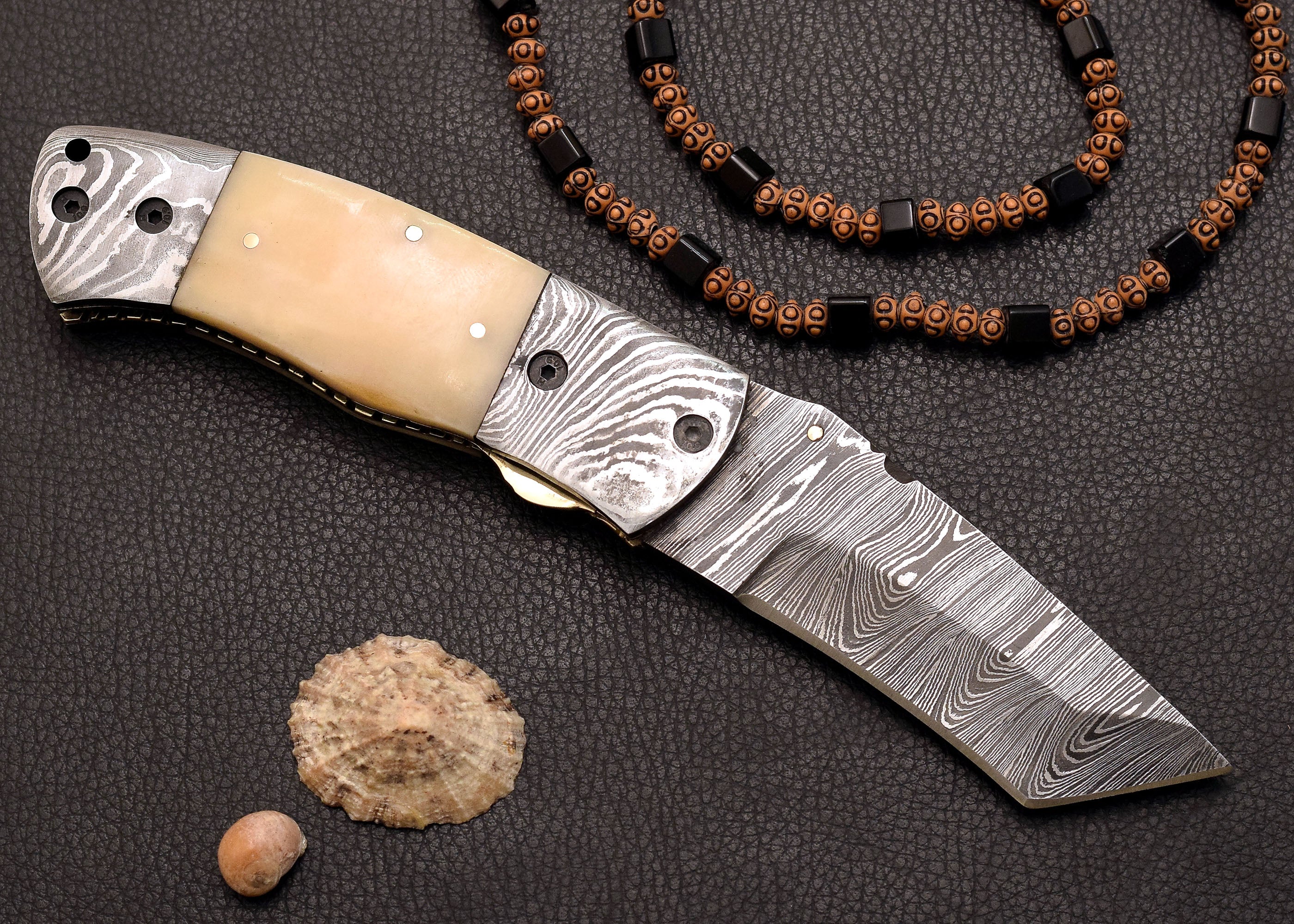 Driftbone Damascus folding EDC knife with cream bone handle