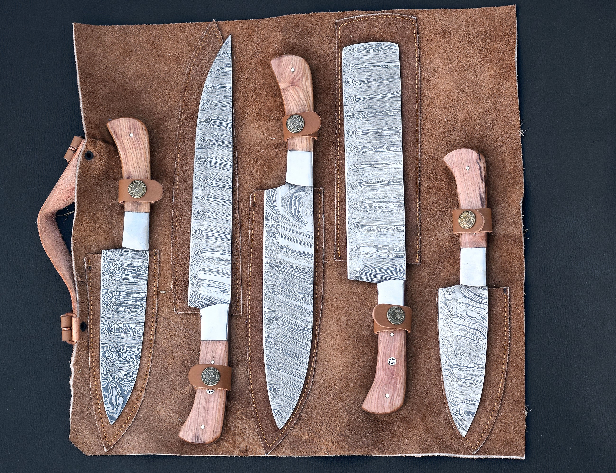 Sunwood Damascus chef knife set with light honey wood handles