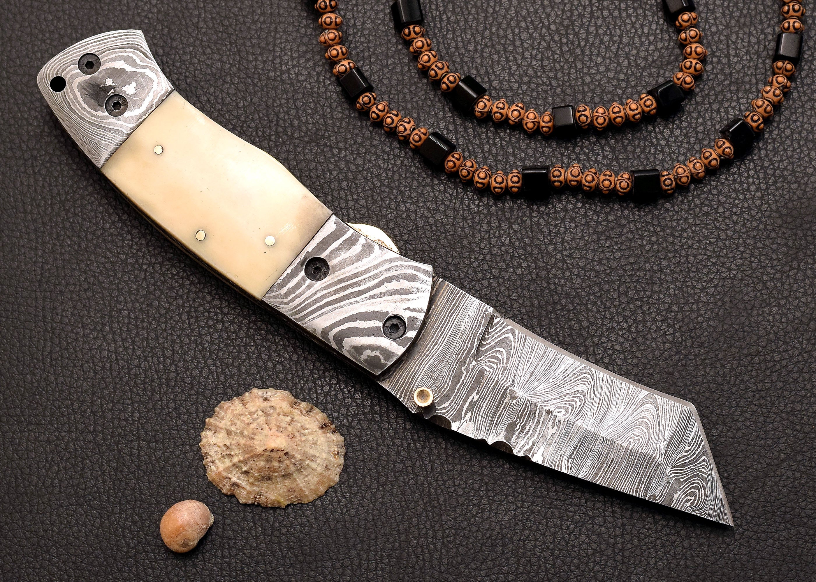 Driftbone Damascus folding EDC knife with cream bone handle