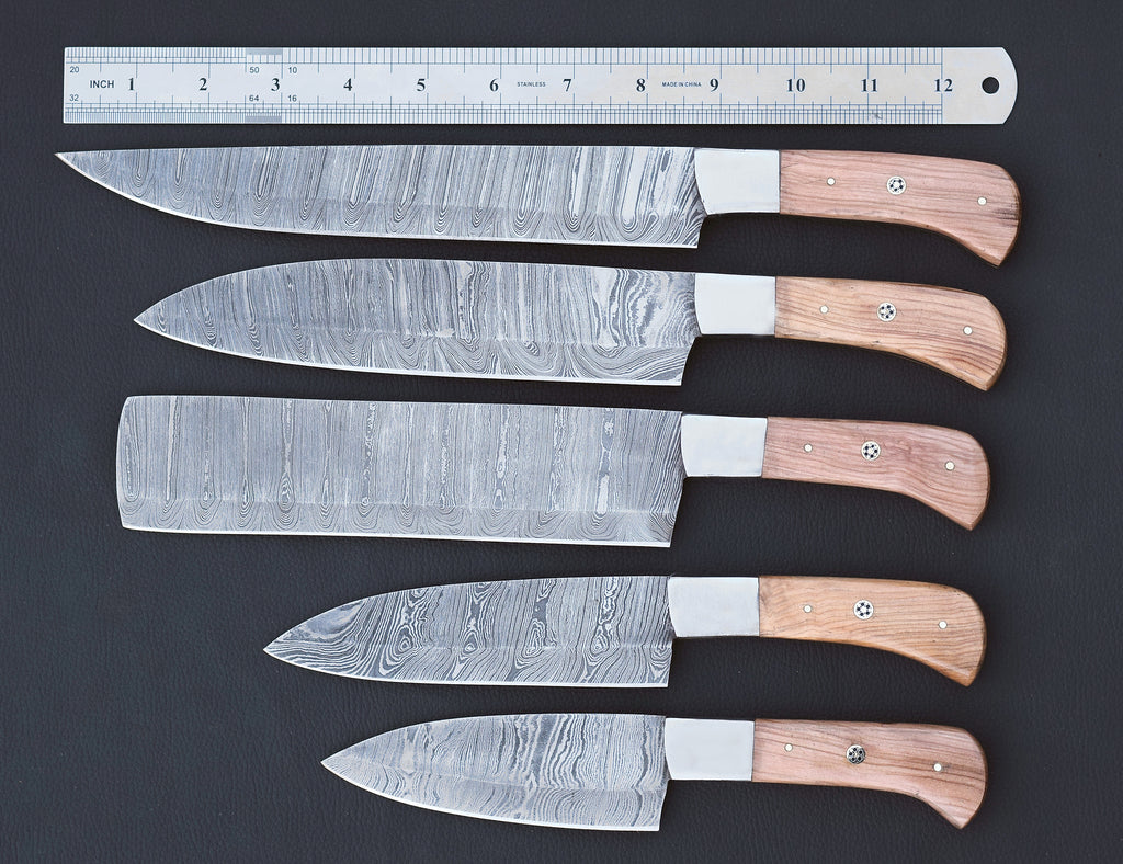 Sunwood Damascus chef knife set with light honey wood handles
