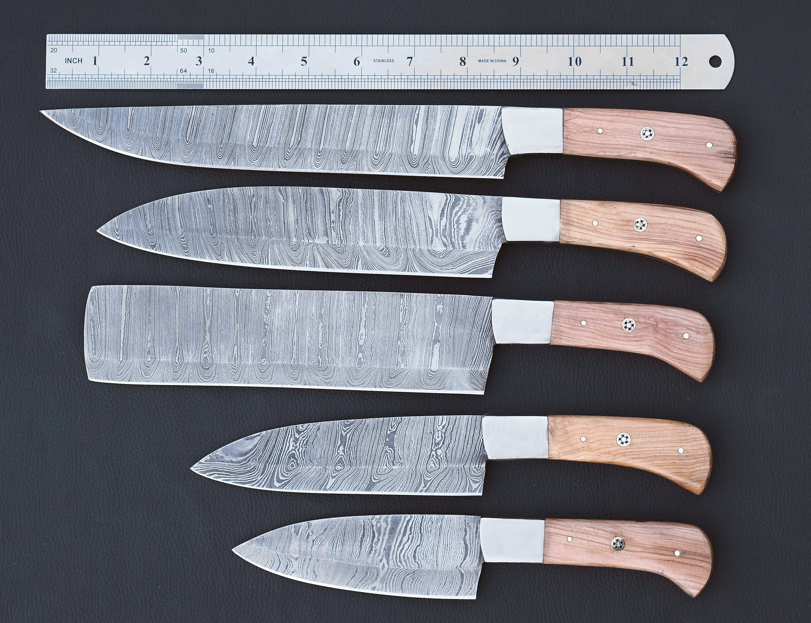 Sunwood Damascus chef knife set with light honey wood handles