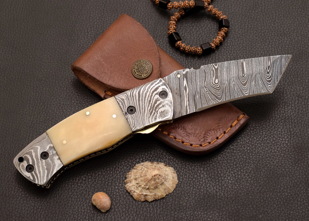 Driftbone Damascus folding EDC knife with cream bone handle