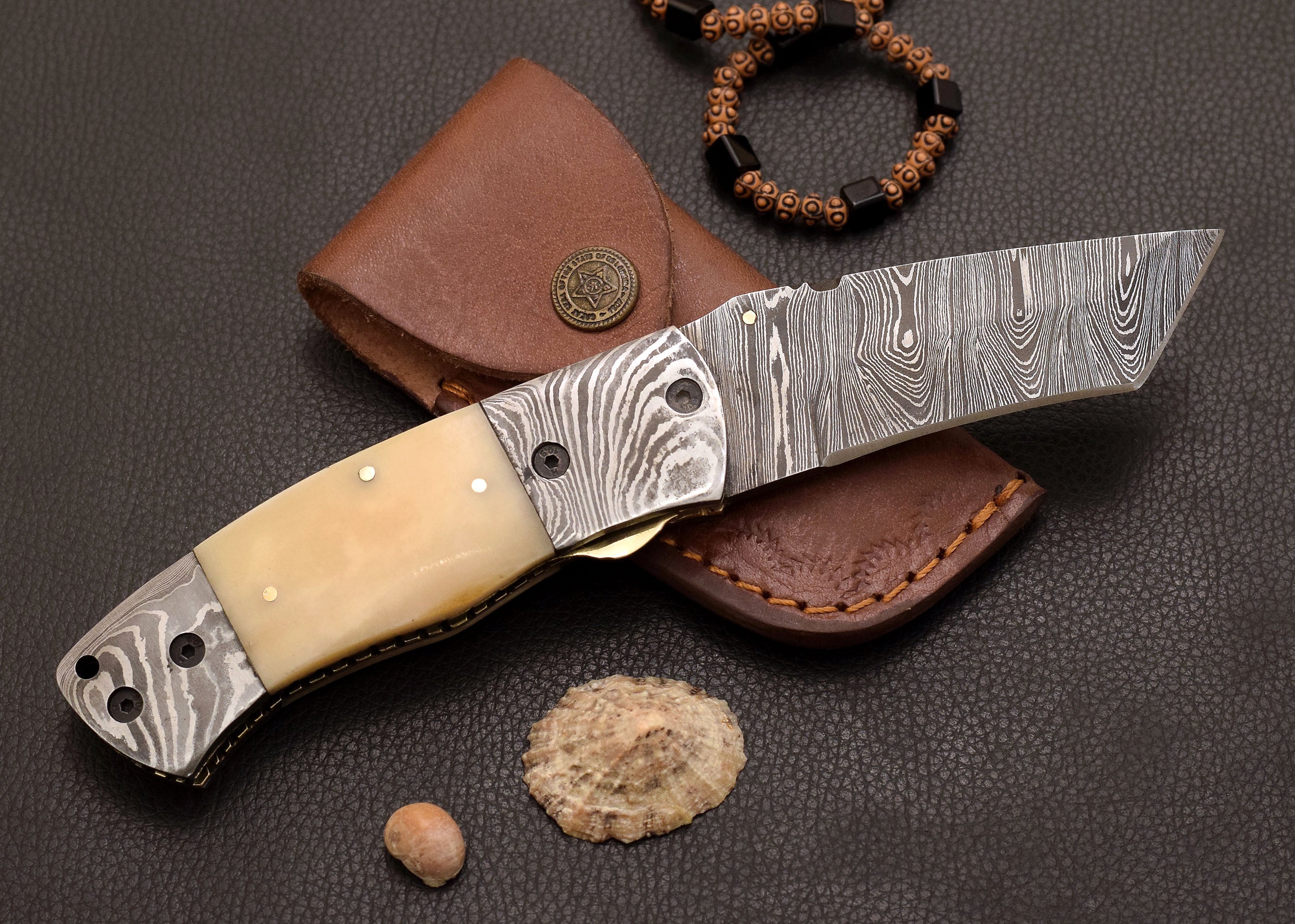 Driftbone Damascus folding EDC knife with cream bone handle