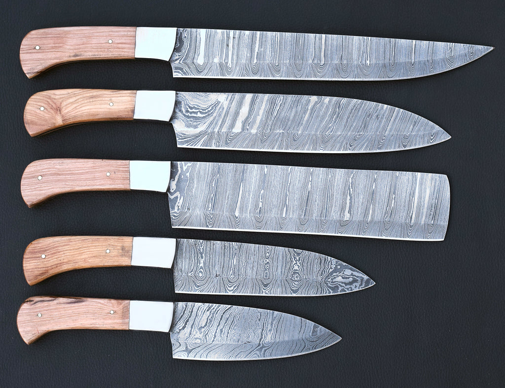 Sunwood Damascus chef knife set with light honey wood handles