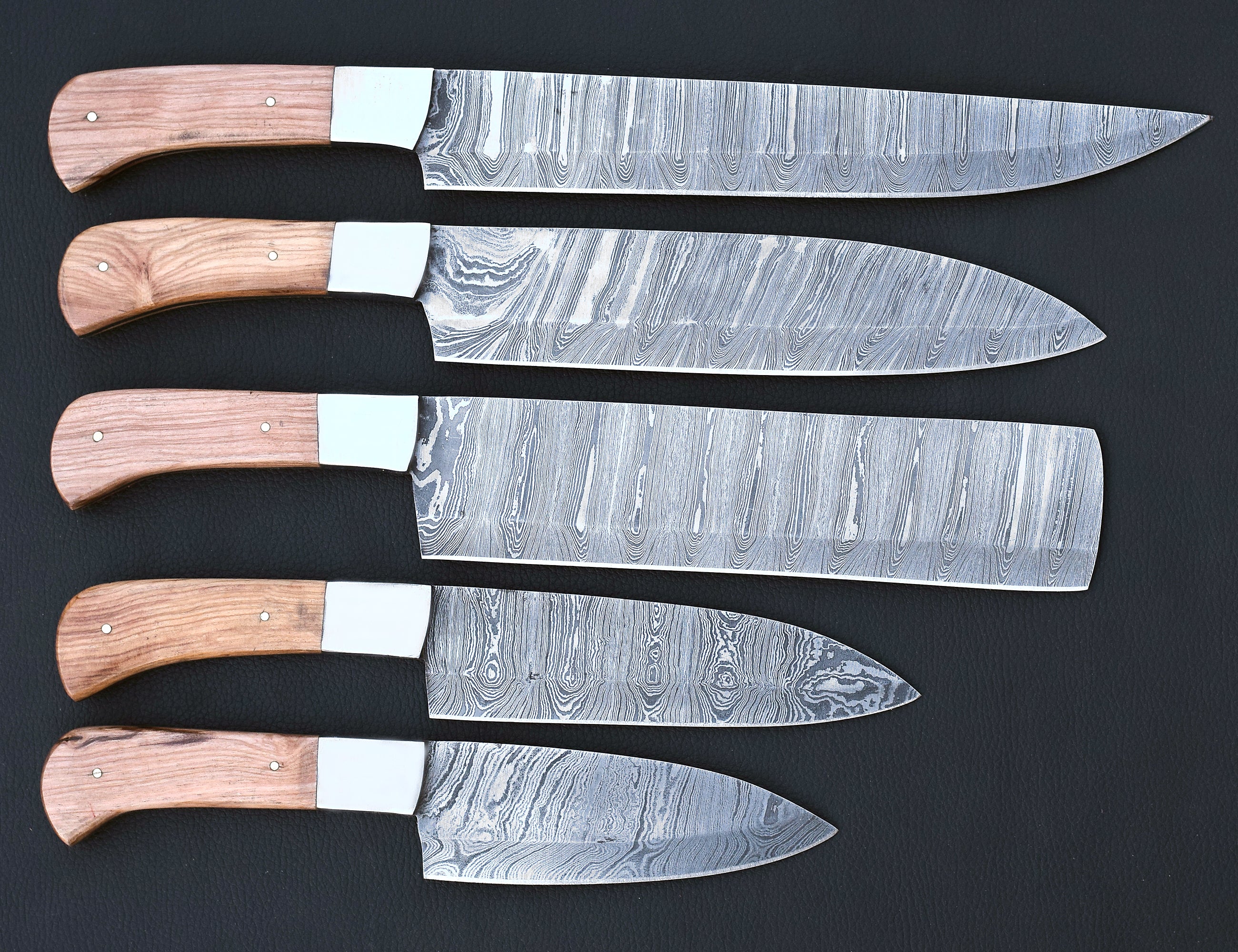 Sunwood Damascus chef knife set with light honey wood handles